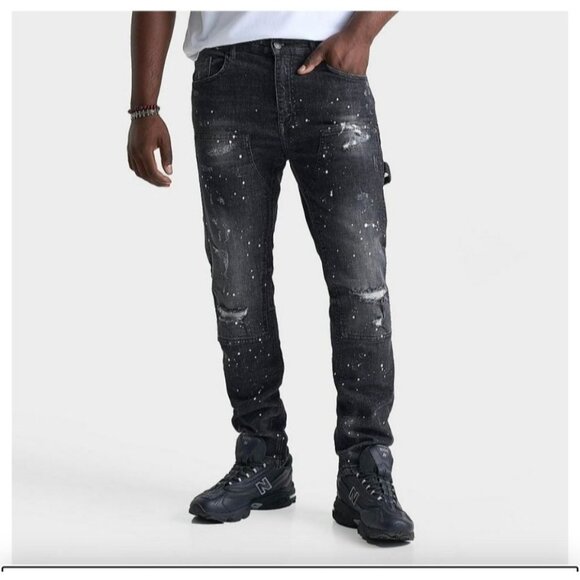 FWRD Denim Black Distressed‎ Paint-Splatter Skinny Jeans 34x32 Mens Cotton Blend